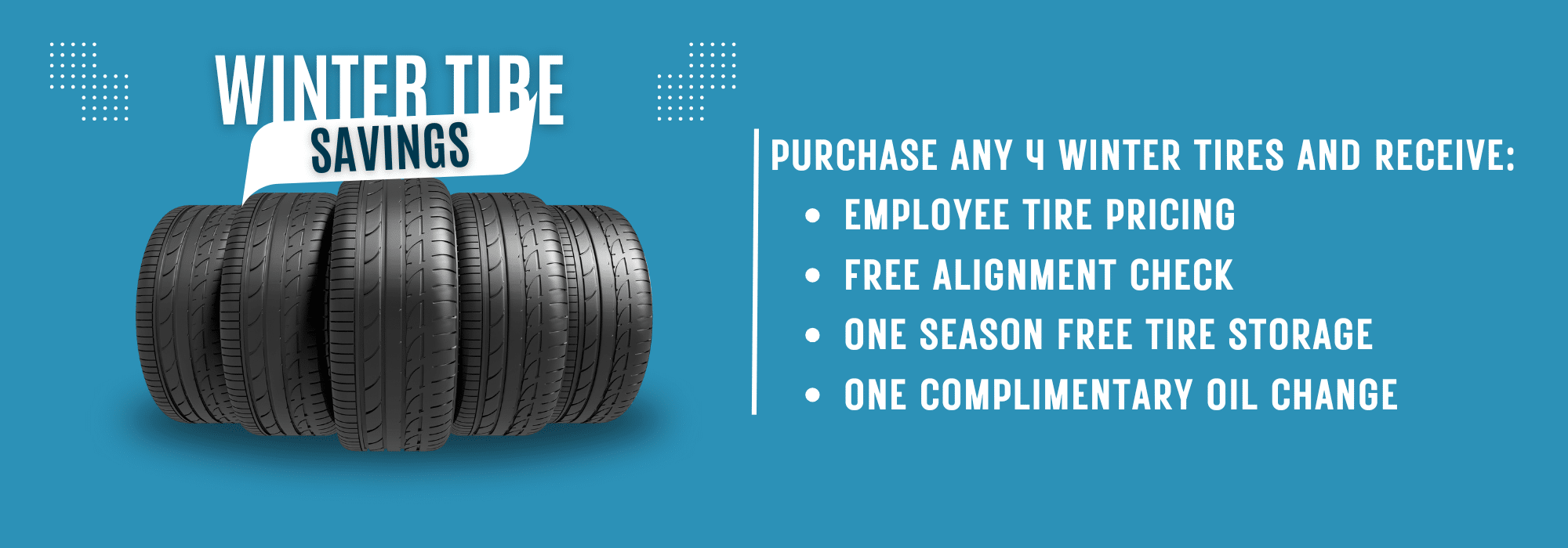 Winter tire promotion offers employee pricing, free alignment, storage, and oil change.