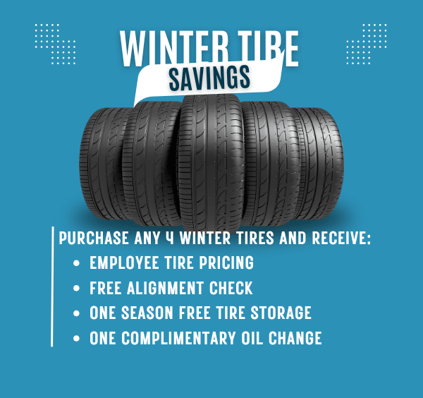 Winter tire promotion offering employee pricing, free alignment, tire storage, and oil change.