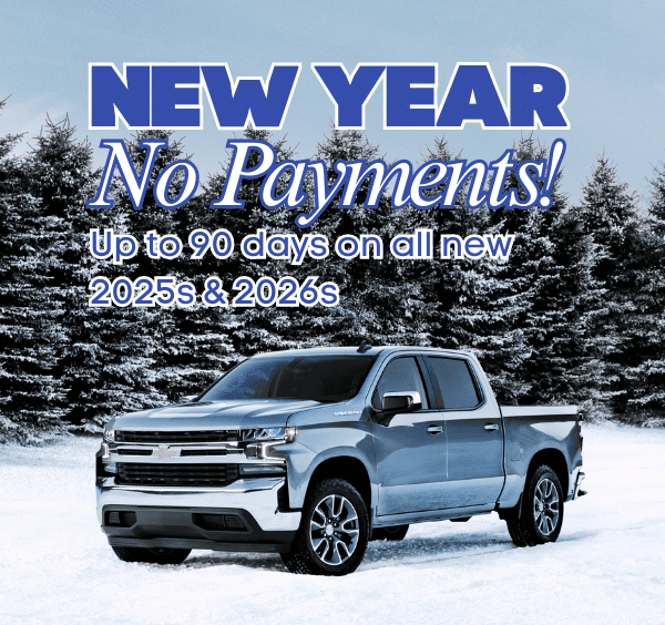 Silver truck in snow with text: "New Year No Payments! Up to 90 days on all new 2025s & 2026s."