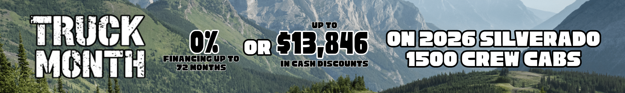 Truck Month promotion banner offering 0% financing or up to $13,846 in cash discounts on 2023 Silverado 1500 Crew Cabs.