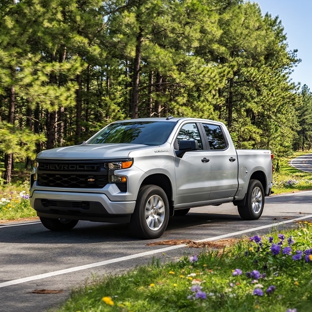 Silver Chevrolet pickup truck driving on a forest road lined with wildflowers and pine trees.