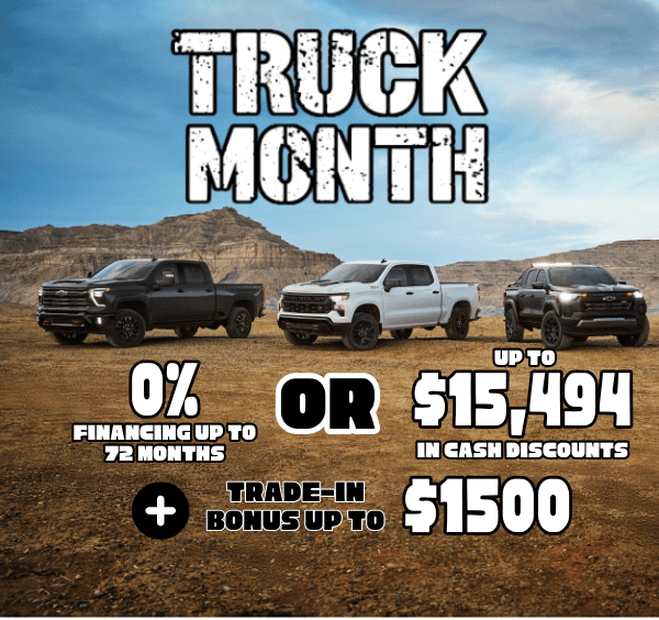 Truck Month promotion with three trucks, offering 0% financing, up to $15,494 cash discounts, and $1,500 trade-in bonus.