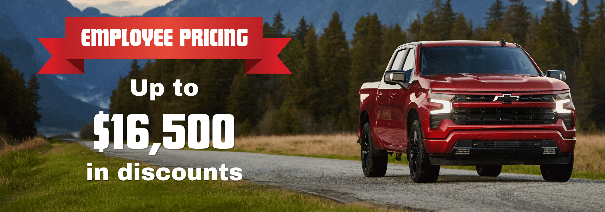 Red pickup truck on a mountain road with "Employee Pricing" and discount offer text.