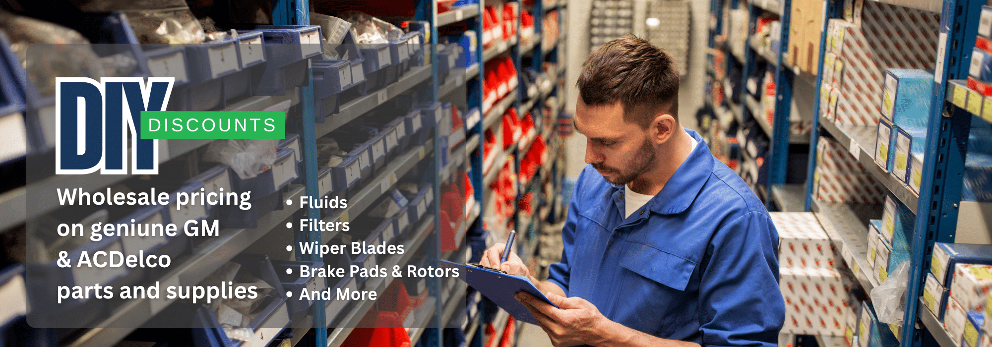 Man in blue uniform checks inventory in auto parts store; DIY Discounts offers wholesale pricing.
