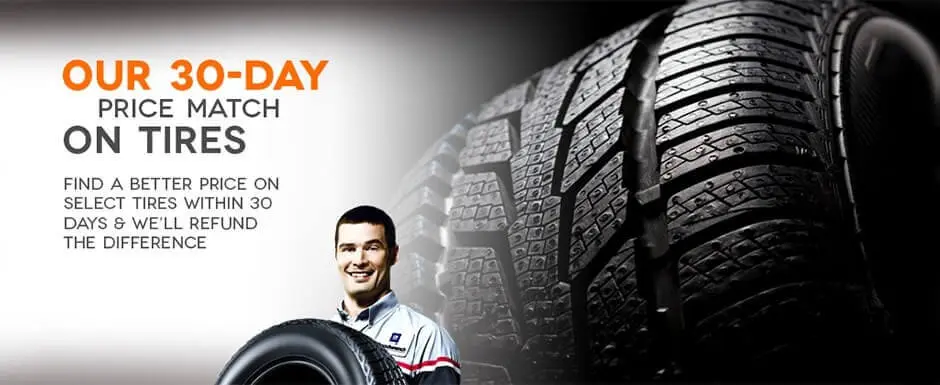 Tire advertisement with "30-Day Price Match" text, featuring a smiling person and a close-up of a tire tread.