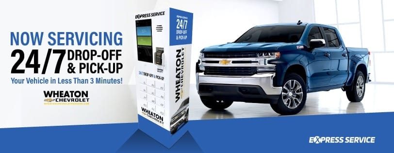 Blue Chevy truck with 24/7 drop-off and pick-up service, less than 3 minutes, by Wheaton Chevrolet.