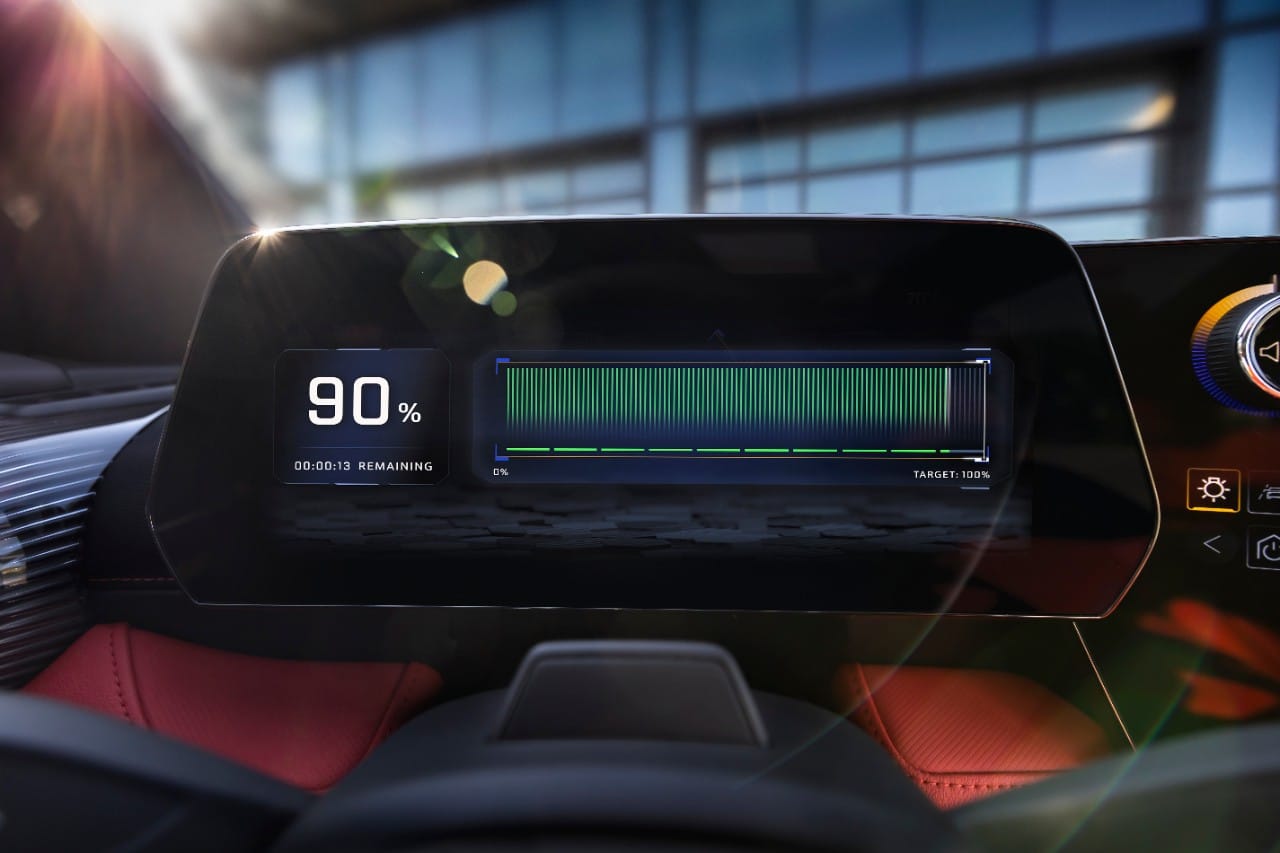 Close-up of a car dashboard display showing 90% charge with 13 seconds remaining.