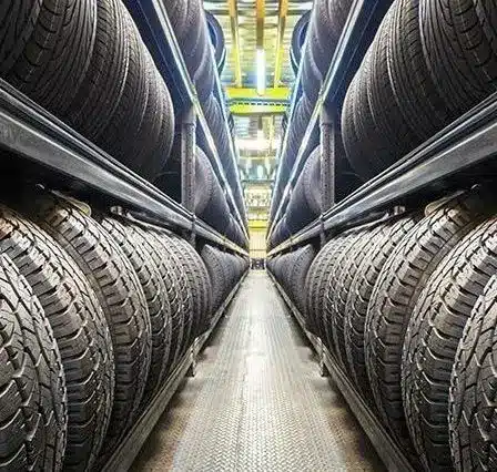 Rows of stacked car tires in a warehouse aisle, emphasizing inventory and storage.
