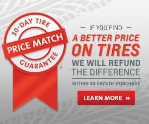 Red ribbon promoting a 30-day tire price match guarantee with a refund promise if a better price is found.
