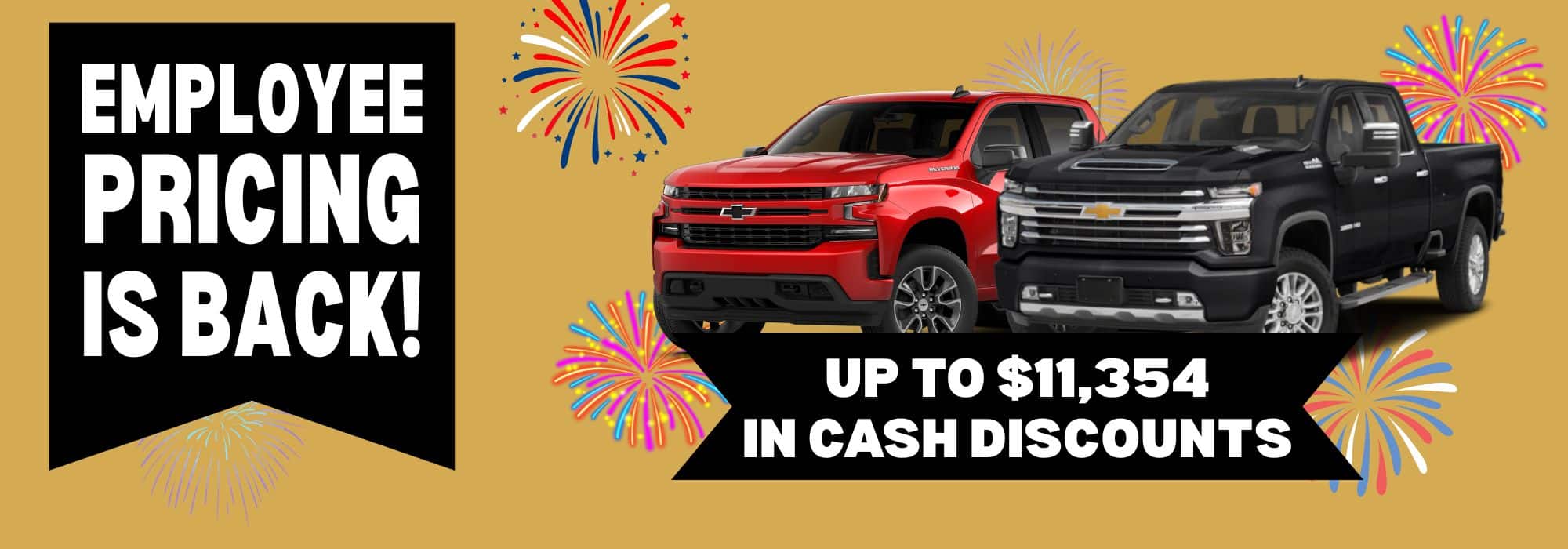 Employee pricing event with cash discounts up to $11,354 on red and black Chevrolet trucks, festive fireworks background.
