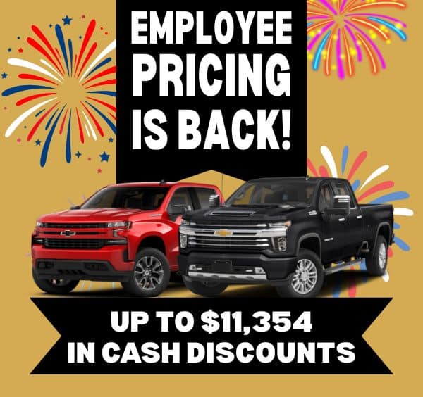 Employee pricing promotion with two Chevrolet trucks offering up to $11,354 in cash discounts.