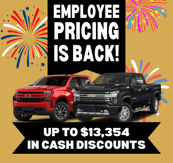 Employee pricing announcement with two Chevrolet trucks, fireworks, cash discounts up to $13,354.