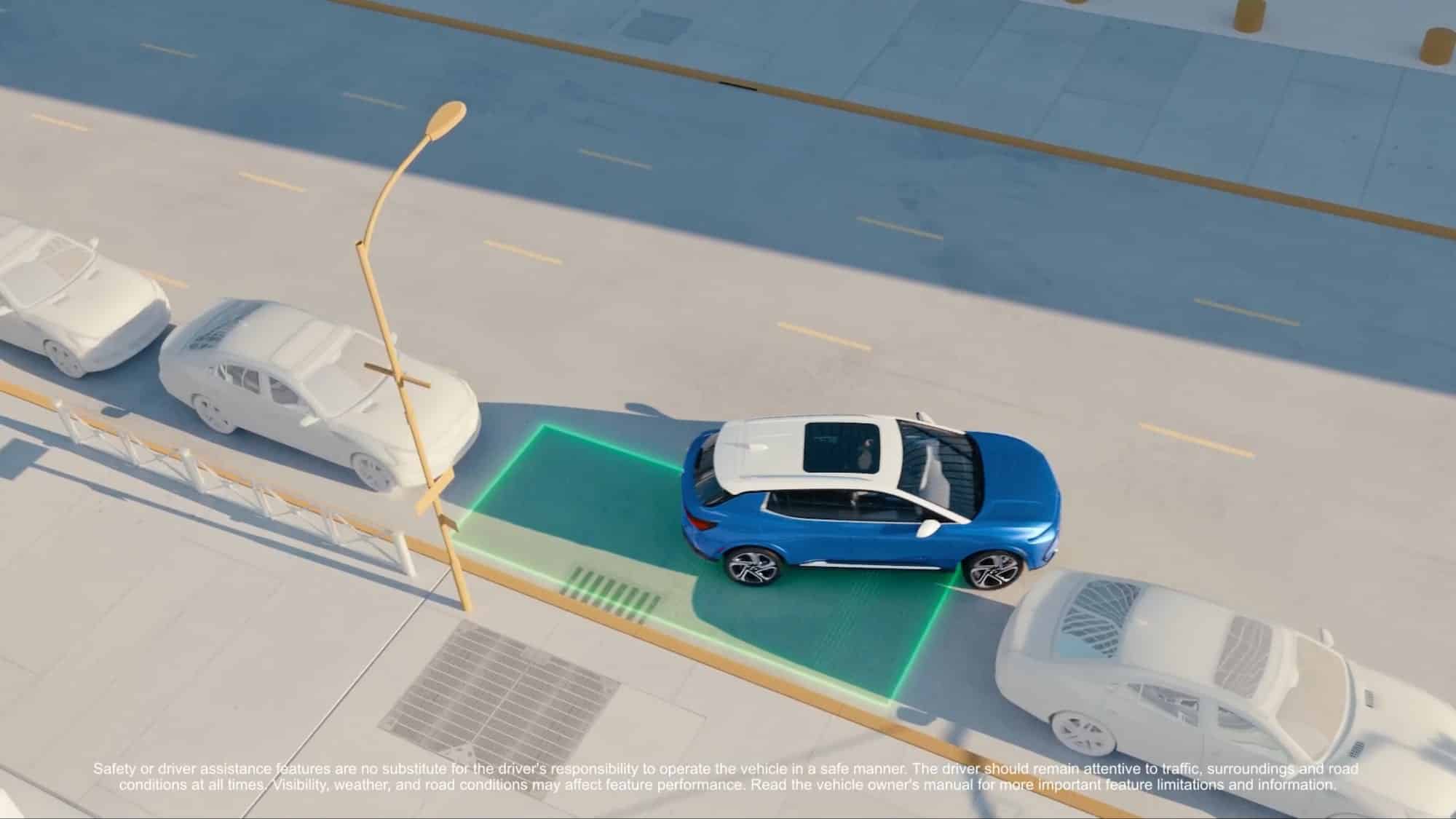 Red car with a highlighted sensor pattern driving on a road, showcasing advanced lane-keeping technology.