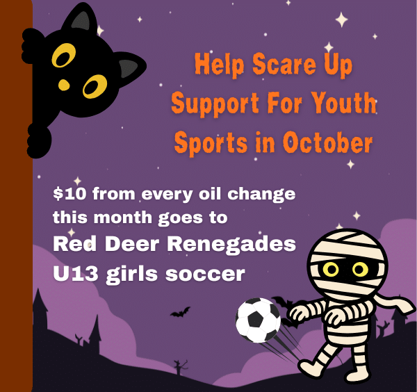 Cartoon of a cat and mummy promoting youth sports support fundraiser for Red Deer Renegades U13 girls soccer.