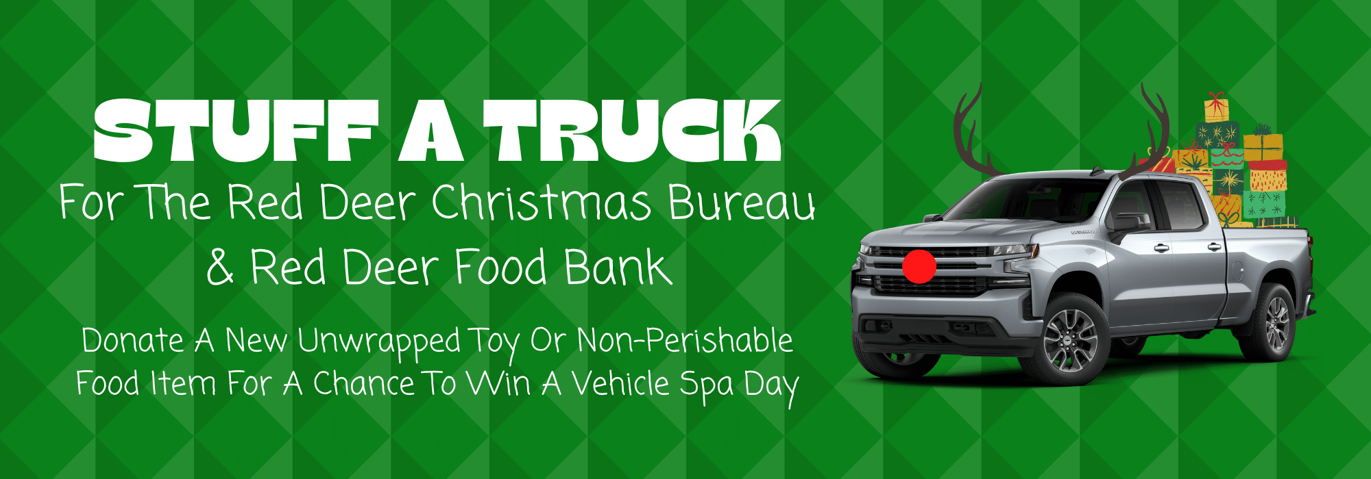 Stuff a Truck event for Red Deer Christmas Bureau and Food Bank, featuring a reindeer-themed truck with gifts.