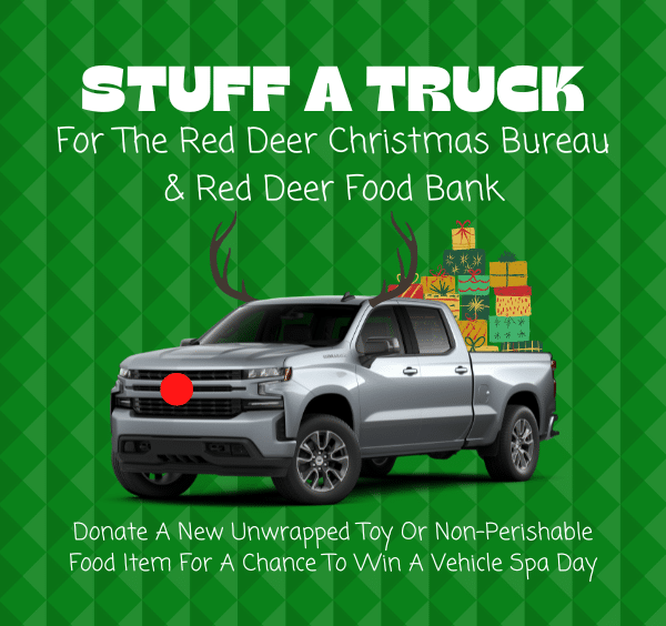 Stuff a Truck event poster for Red Deer charities featuring a decorated truck and gift boxes.