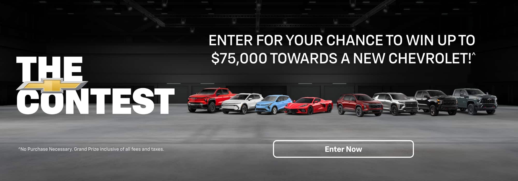 Contest image featuring Chevrolet cars; win a $75,000 credit towards a new vehicle. "Enter Now" button visible.