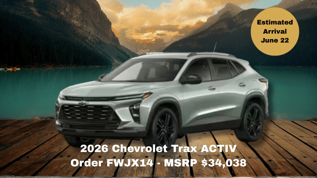 2026 Chevrolet Trax ACTIV displayed on a wooden dock with mountain and lake background. MSRP $34,038. Estimated arrival: June 22.
