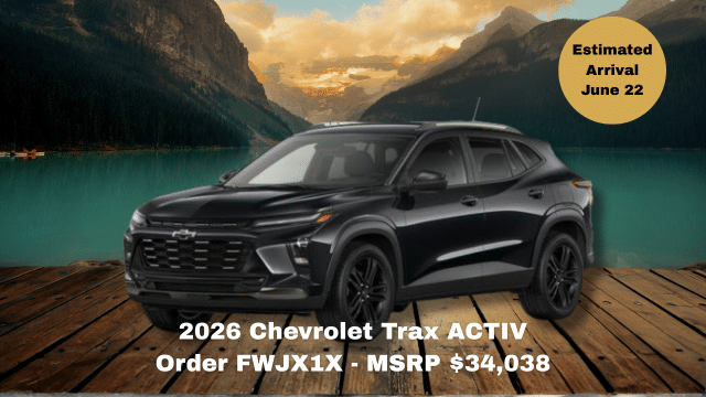 2026 Chevrolet Trax ACTIV in a scenic lakeside setting. MSRP $34,038. Estimated arrival June 22.