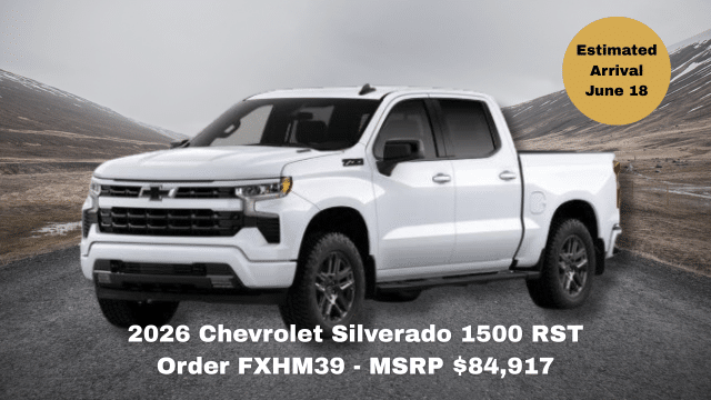 2026 Chevrolet Silverado 1500 RST in a mountainous landscape. MSRP $84,917, arriving June 18.