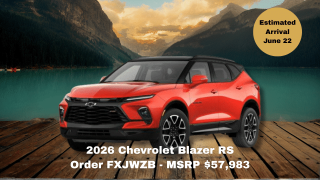 Red 2026 Chevrolet Blazer RS on a wooden deck by a lake, MSRP $57,983, arriving June 22.