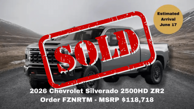 2026 Chevrolet Silverado 2500HD ZR2 truck on road. Estimated arrival June 17. MSRP $118,718.