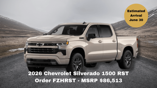 2026 Chevrolet Silverado 1500 RST truck on road, MSRP $86,513, arrival June 30.