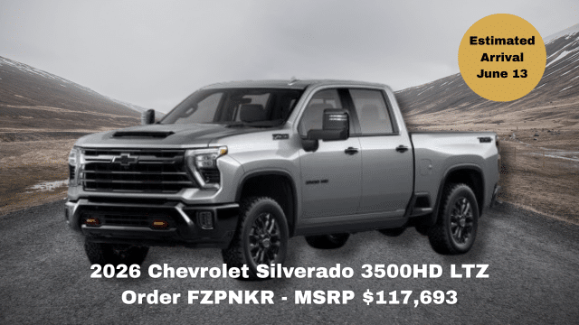 2026 Chevrolet Silverado 3500HD LTZ on road; MSRP $117,693, arriving June 13. Order code FZPNKR.