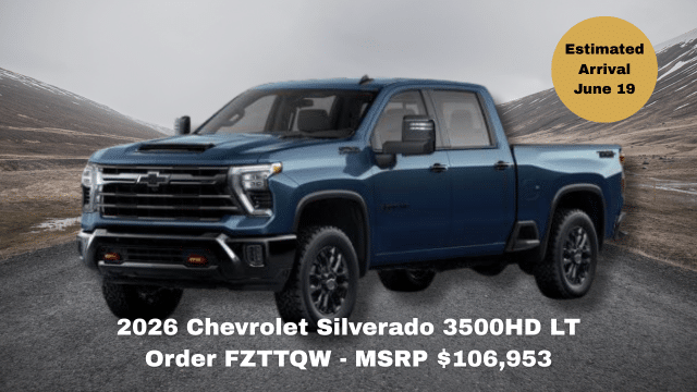 2026 Chevrolet Silverado 3500HD LT in blue on road; estimated arrival June 19, MSRP $106,953.
