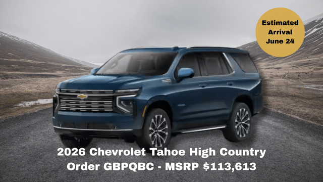 2026 Chevrolet Suburban High Country in blue on a scenic road. Estimated arrival June 24. MSRP $113,613.