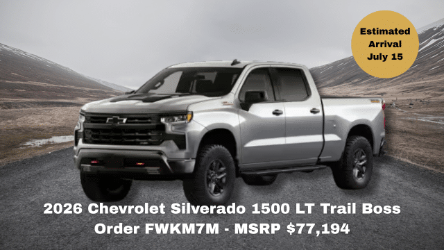 2026 Chevrolet Silverado 1500 RST truck on road, MSRP $86,513, arrival June 30.
