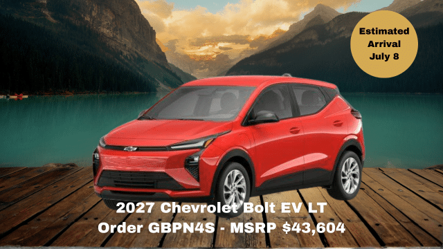 2026 Chevrolet Trax RS in front of lake and mountains. MSRP $34,038. Estimated arrival: June 22. Order FWJX18.