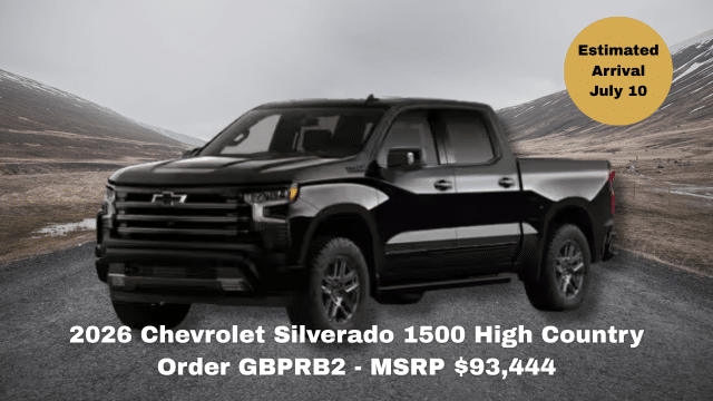 2026 Chevrolet Suburban High Country in blue on a scenic road. Estimated arrival June 24. MSRP $113,613.