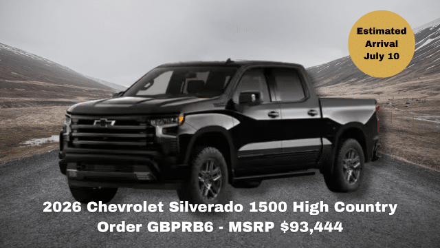 2026 Chevrolet Silverado 1500 Custom TB in a mountainous setting. MSRP $74,773, arrival June 25.