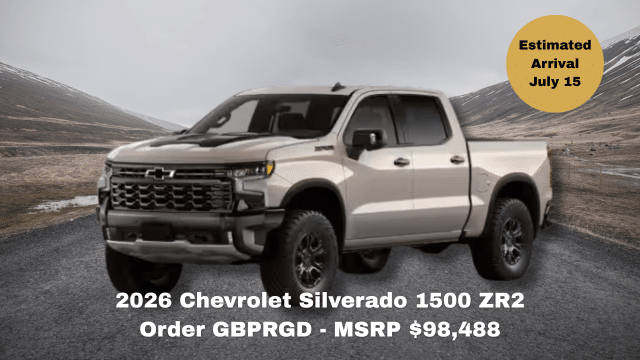 2026 Chevrolet Silverado 1500 RST truck on road, MSRP $86,513, arrival June 30.