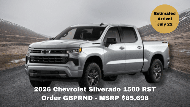 2026 Chevrolet Silverado 1500 RST truck on road, MSRP $86,513, arrival June 30.