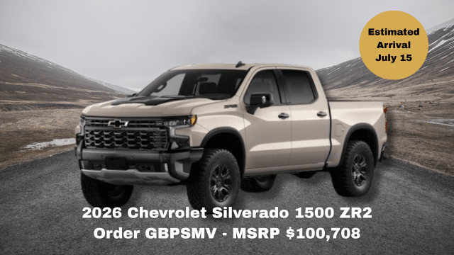 2026 Chevrolet Silverado 1500 RST truck on road, MSRP $86,513, arrival June 30.
