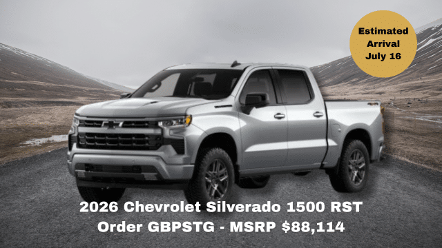 2026 Chevrolet Silverado 1500 RST truck on road, MSRP $86,513, arrival June 30.