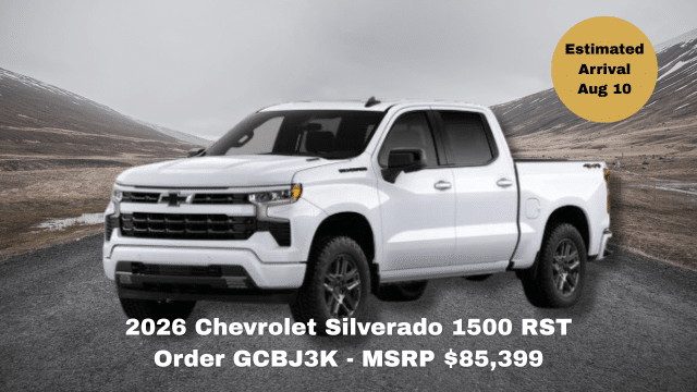 2026 Chevrolet Silverado 1500 RST truck on road, MSRP $86,513, arrival June 30.