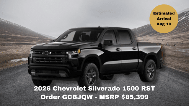 2026 Chevrolet Silverado 1500 RST truck on road, MSRP $86,513, arrival June 30.
