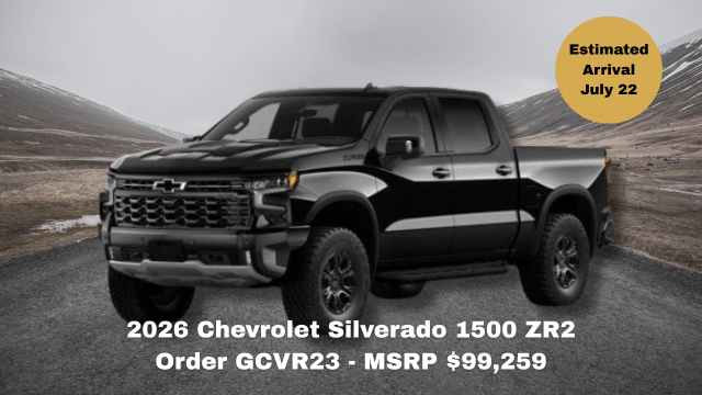 2026 Chevrolet Silverado 1500 RST truck on road, MSRP $86,513, arrival June 30.