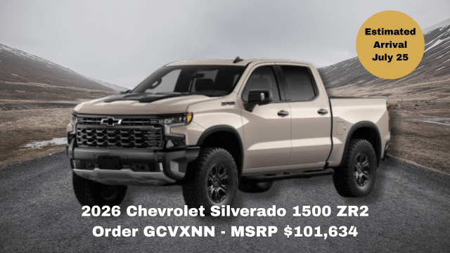2026 Chevrolet Silverado 1500 RST truck on road, MSRP $86,513, arrival June 30.