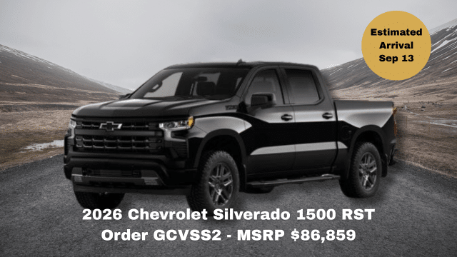 2026 Chevrolet Silverado 1500 RST truck on road, MSRP $86,513, arrival June 30.