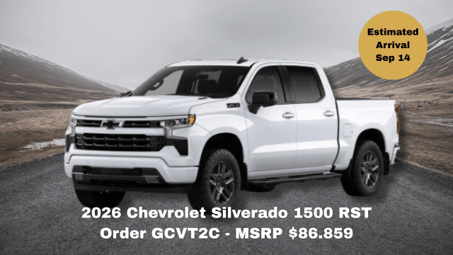 2026 Chevrolet Silverado 1500 RST truck on road, MSRP $86,513, arrival June 30.
