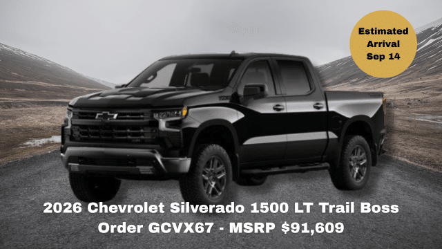 2026 Chevrolet Silverado 1500 RST truck on road, MSRP $86,513, arrival June 30.