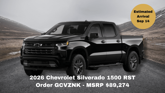 2026 Chevrolet Silverado 1500 RST truck on road, MSRP $86,513, arrival June 30.