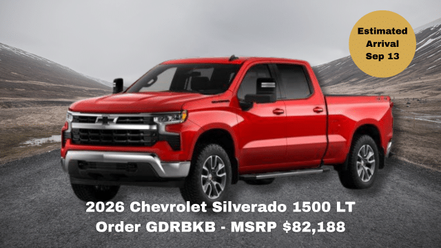 2026 Chevrolet Silverado 1500 RST truck on road, MSRP $86,513, arrival June 30.