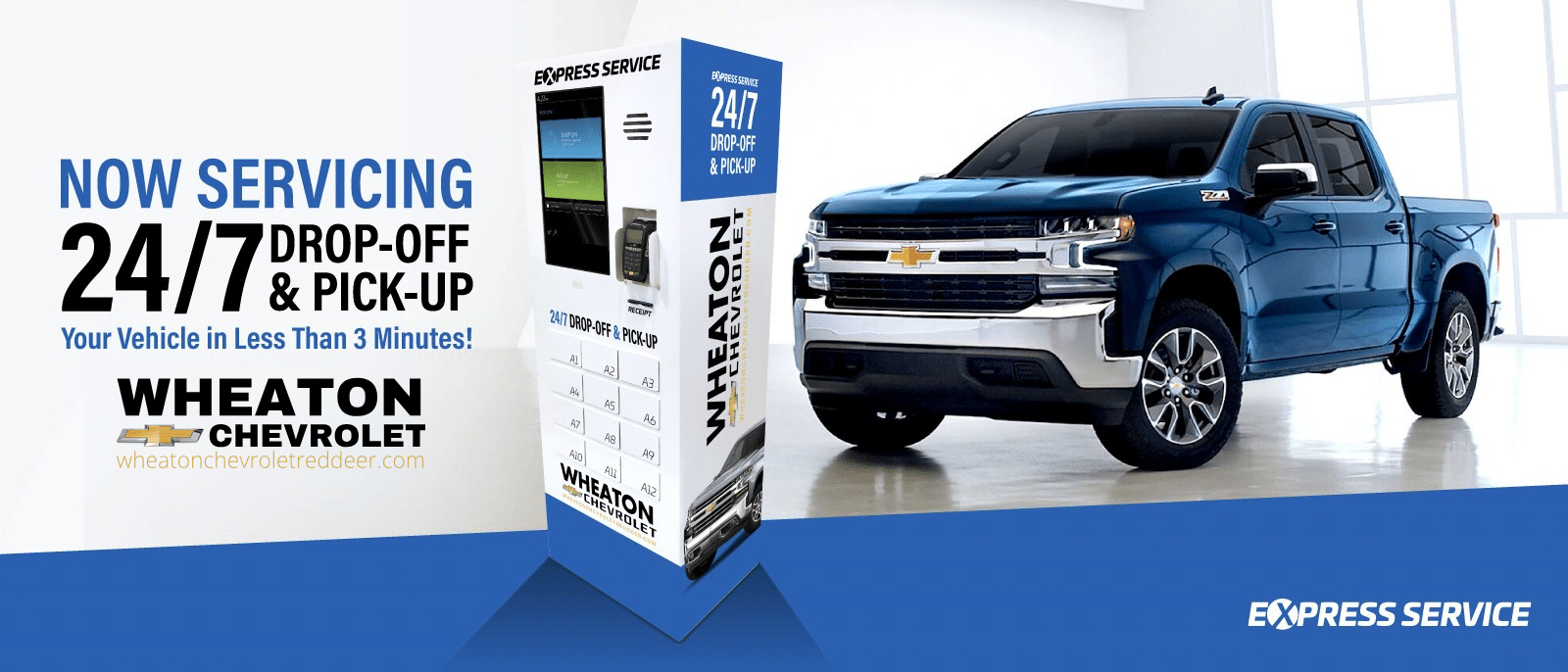 Blue Chevy truck with 24/7 drop-off and pick-up service, less than 3 minutes, by Wheaton Chevrolet.