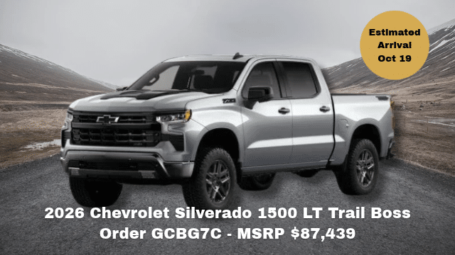 2026 Chevrolet Silverado 1500 RST truck on road, MSRP $86,513, arrival June 30.