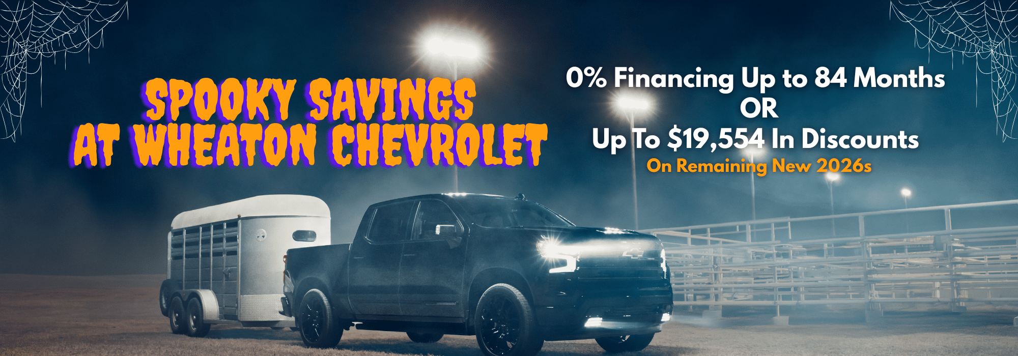Chevrolet truck promotion with "Spooky Savings" theme, offering financing and discounts on 2026 models.